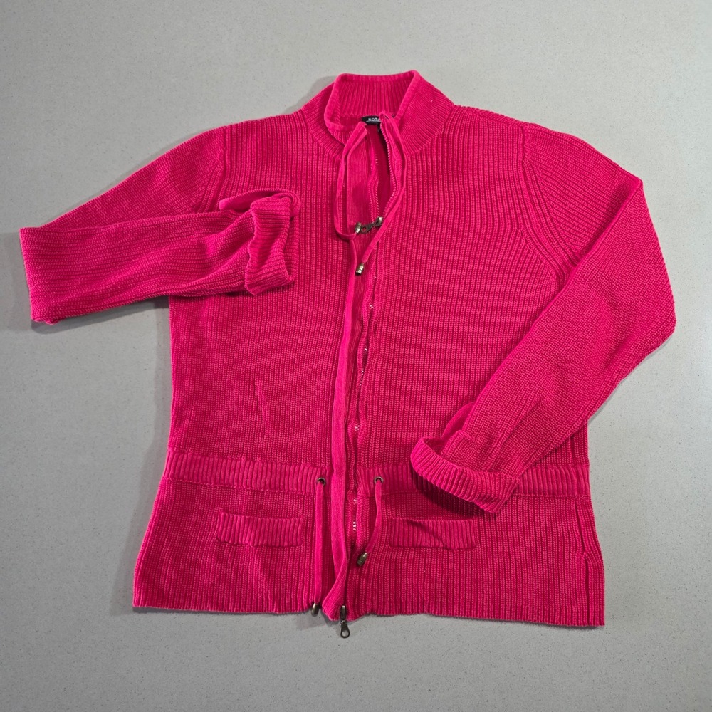 Notations Hot Pink Ribbed Full Zip Cardigan Sweater Mock Neck Roll Cuff XL